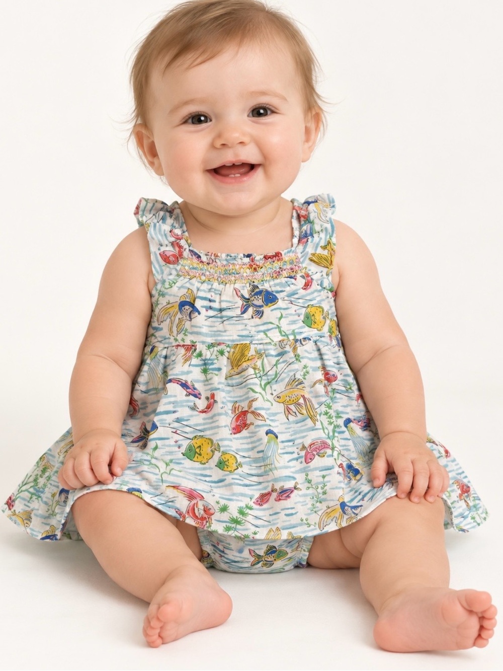 Cath Kidston Baby Fish Print Skirted Romper 100% Cotton